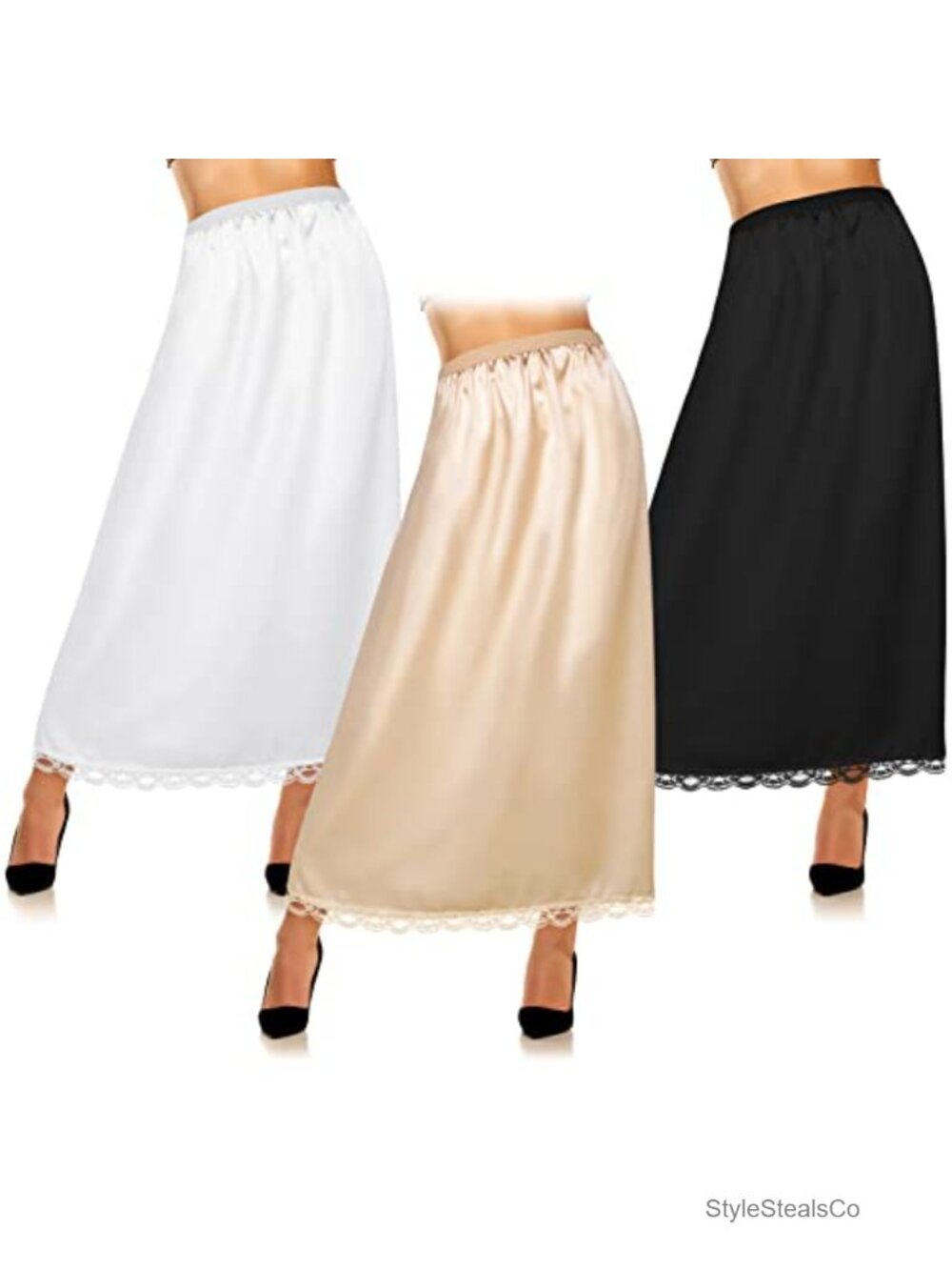 Knee Length Satin Half Slip with Lace Trim A-Line Lightweight